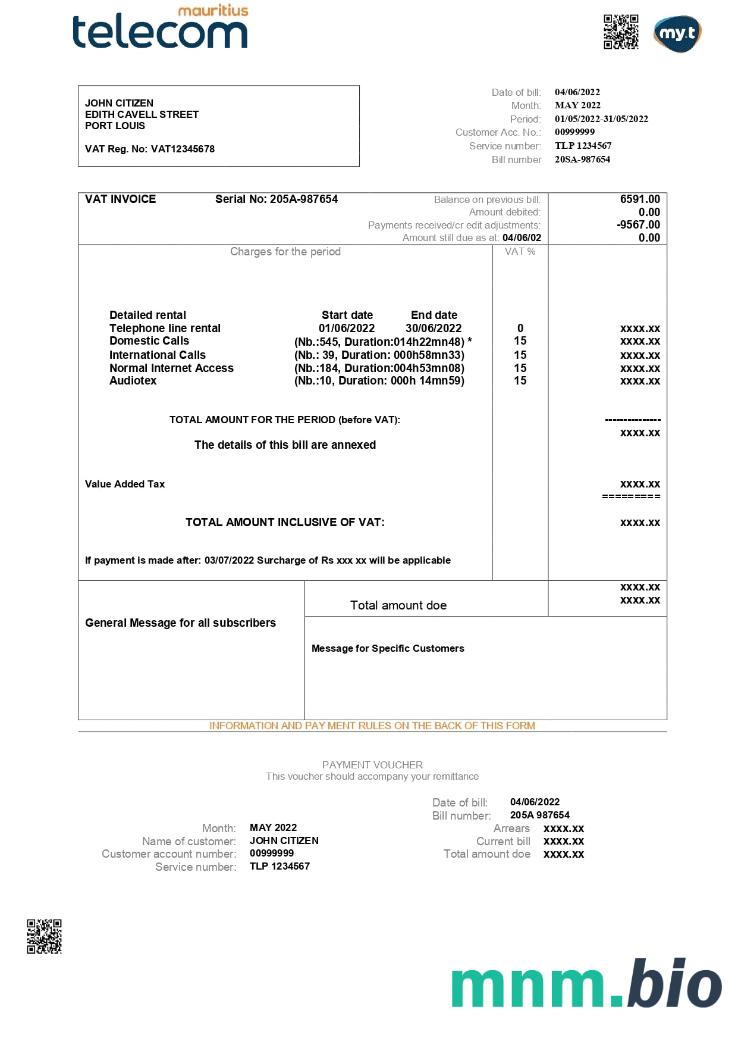 Mauritius Telecom Mauritius rachunek za media szablon w formacie Word i PDF